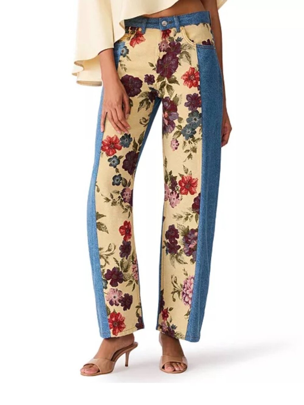 NWT Steve Madden Sydnee Floral Print Mixed Media High Rise Barrel Leg Jeans 27